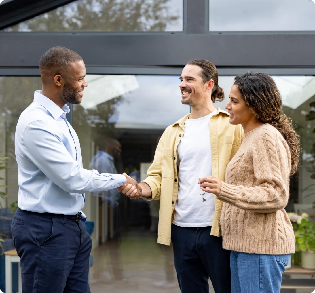 Casual outdoor handshake and conversation