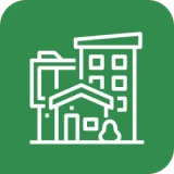 Cityscape illustration on green square